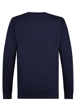 Pulover bleumarin din material moale, cu guler rotund, mâneci lungi și mansete ribbate. Fabrică fină din bumbac, având un design simplu, fără modele.