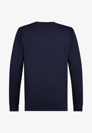 Pulover bleumarin din material moale, cu guler rotund, mâneci lungi și mansete ribbate. Fabrică fină din bumbac, având un design simplu, fără modele.