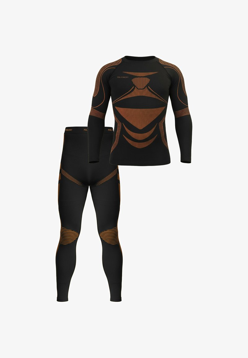 Schwarzes Thermo-Sportbekleidungsset mit langärmligem Oberteil und Leggings, versehen mit strukturierten orangen Akzenten und ergonomischen Designs für eine verbesserte Passform.