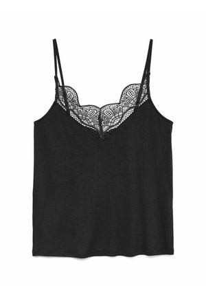 Zwarte camisole met dunne bandjes, voorzien van een decoratieve kantafwerking langs de V-hals. Zachte stof met een gladde textuur.