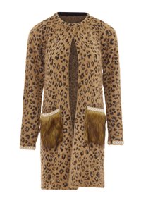 Cardigan cu imprimeu de leopard, realizat dintr-un material moale și texturat. Include buzunare cu folii de blană artificială și dantelă pe margini. Design cu deschidere frontală.