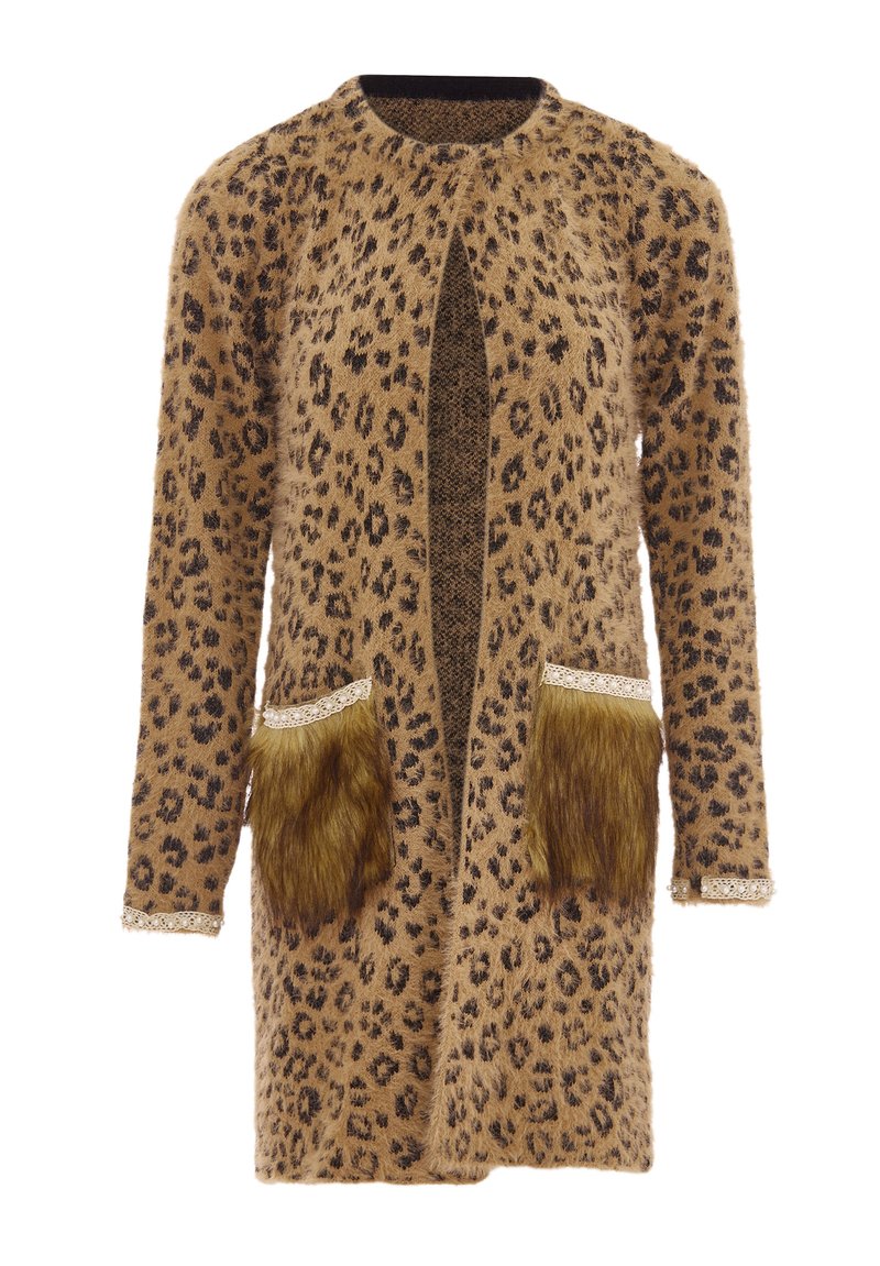 Cardigan cu imprimeu de leopard, realizat dintr-un material moale și texturat. Include buzunare cu folii de blană artificială și dantelă pe margini. Design cu deschidere frontală.