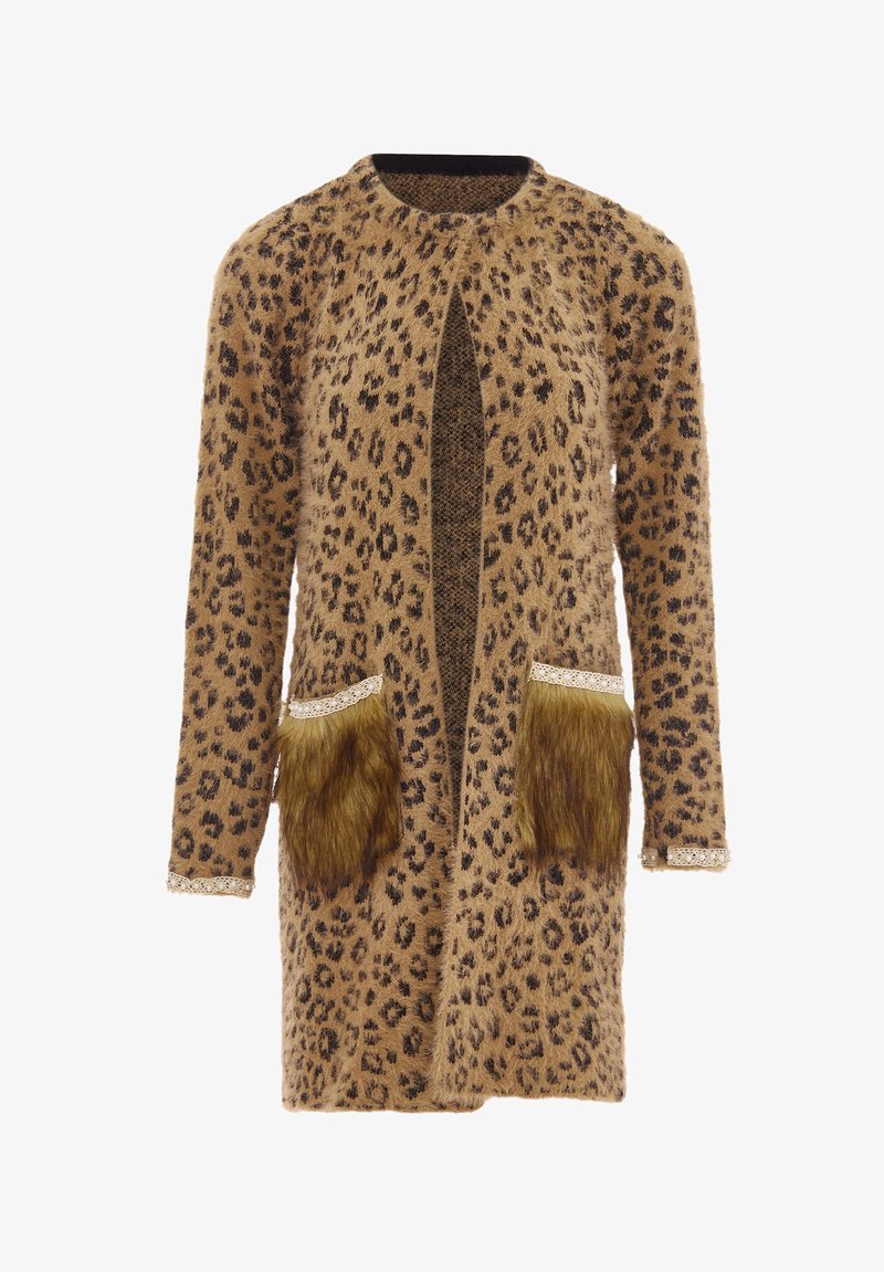 Cardigan cu imprimeu de leopard, realizat dintr-un material moale și texturat. Include buzunare cu folii de blană artificială și dantelă pe margini. Design cu deschidere frontală.