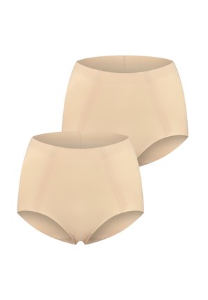 Beige hoge taille slipjes van gladde stof, met een aansluitend ontwerp en naadloze randen voor comfort. Twee paar getoond.