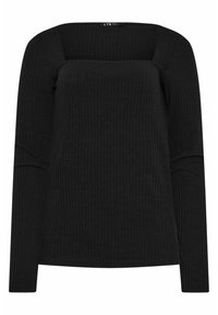 Schwarzes, geripptes Langarmoberteil mit carréförmigem Ausschnitt und taillierter Passform. Aus einem weichen, dehnbaren Material gefertigt. Einfach und vielseitig.