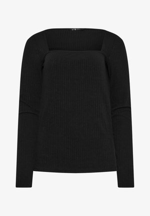 Musta, ribbed pitkähihaine paita, jossa on neliön muotoinen pääntie ja vartalonmyötäinen muotoilu. Valmistettu pehmeästä ja venyvästä materiaalista. Yksinkertainen ja monikäyttöinen.