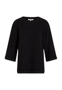 Maglione nero a maniche tre quarti, con scollatura rotonda e una texture morbida. Presenta orli delle maniche rifiniti e un fondo dritto.