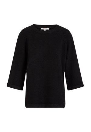 Pull noir à manches trois-quarts, col rond et texture douce. Présente des ourlets aux manches et un bord inférieur droit.