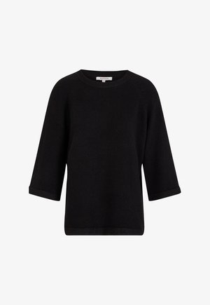 Suéter negro de manga tres cuartos, con cuello redondo y una textura suave. Presenta dobladillos en las mangas y un borde inferior recto.