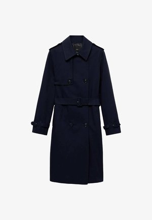 Granatowy trencz o podwójnym guzikowaniu, z detalami guzików, regulowanymi mankietami i paskiem w talii dla dopasowanego wyglądu.