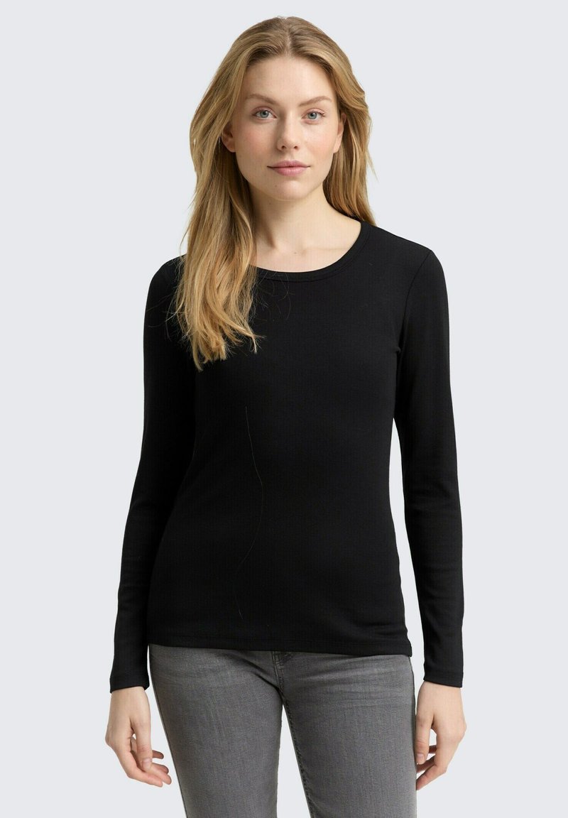 Schwarzes Langarm-T-Shirt mit Rundhalsausschnitt, aus einem weichen, elastischen Stoff gefertigt. Figurbetonte Form, glatte Textur und minimalistisches Design.