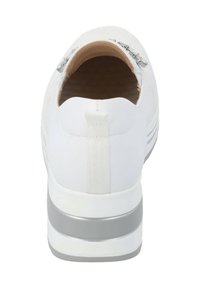 White sneaker with a textured fabric heel, grey rubber sole, and two silver zippers on the back for easy wear. Smooth surface throughout.
