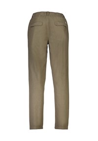Pantalones ligeros de color caqui con un ajuste relajado, cinturilla elástica y dos bolsillos traseros. Textura suave similar al lino, diseño de pierna recta.