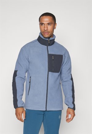 Fleecejack in lichtblauw met een hoge kraag, donkerblauwe accenten, een rits borstzak en zijzakken. Zachte textuur en casual pasvorm.