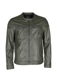 Olivengrüne Lederjacke, runder Kragen, frontale Reißverschlussöffnung, zwei mit Reißverschluss versehenen Brusttaschen, glatte Textur, taillierte Passform und maßgeschneiderte Ärmel.