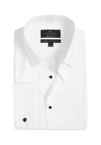 Hvid bomuldsskjorte med plisserede detaljer, almindelig pasform, sorte knapper og en foldet manchet. Har et mærke med brandinformation.