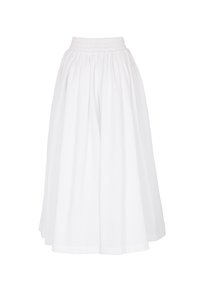 White, knee-length skirt made of lightweight fabric with an elastic waistband, featuring a pleated design and a textured surface.