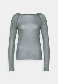 Camisola de manga longa verde, feita de um tecido leve e translúcido, com decote arredondado e detalhes de costura subtil ao longo das mangas.