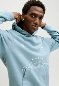 Lichtblauwe hoodie met een trekkoord en een voorzak. Bevat de tekst "CHALÉT" en sterren in het wit gedrukt. Gemaakt van zachte, gestructureerde stof.