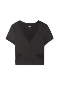 T-shirt nera corta a maniche corte, con scollo a V e dettagli in rete. Realizzata in un tessuto morbido ed elastico con ritagli angolari.