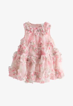 Robe bébé sans manches en tulle froncé rose et blanc formant des motifs floraux et une jupe évasée.