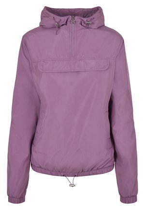 Lightweight, purple windbreaker with a drawstring hood, quarter-zip front, elastic cuffs, and hem, featuring a front pocket.