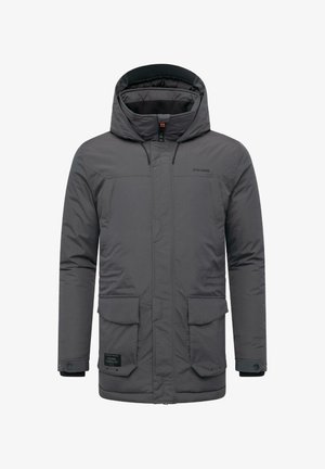 Pilkas izoliacinis parka su nuimamu kapišonu, užtrauktuko uždarymu, dviem didelėm priekinėm kišenėm ir subtilia logotipu. Lygus, patvarus audinio tekstūra.