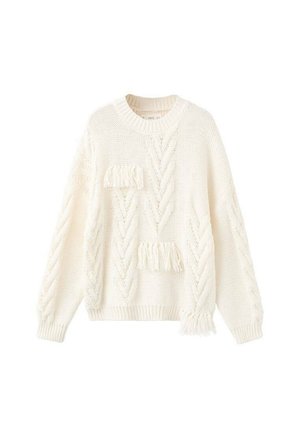 Maglione lavorato a maglia color crema con motivi a cavo a chevron e dettagli di frange sul davanti, sulle maniche e sull'orlo, con scollo rotondo e polsini a coste.