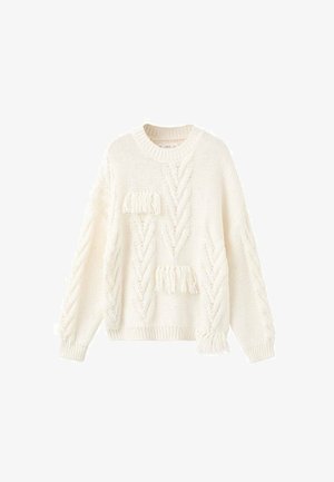 Maglione lavorato a maglia color crema con motivi a cavo a chevron e dettagli di frange sul davanti, sulle maniche e sull'orlo, con scollo rotondo e polsini a coste.