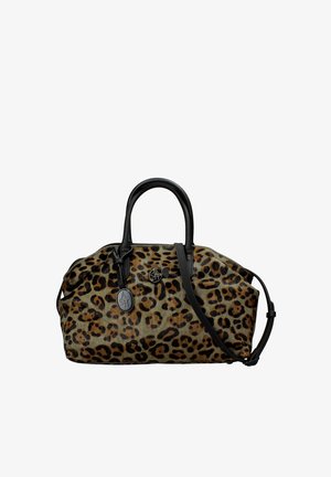 Borsa con stampa leopardata realizzata in tessuto morbido, caratterizzata da dettagli in pelle nera, due manici superiori, una tracolla staccabile e una targhetta con logo.
