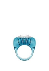 A transparent blue resin ring featuring a large clear gemstone surrounded by smaller crystals, smooth texture with rounded edges.