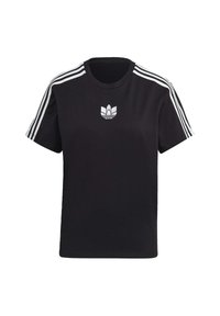 Zwarte t-shirt met korte mouwen van katoen. Heeft een witte driebaanontwerp op de schouders en een wit logo op de borst.