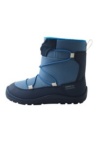 Wodoodporne zimowe buty w odcieniach niebieskiego z tekstylną cholewką, gumową podeszwą, elastycznymi sznurowadłami i teksturowaną podeszwą zewnętrzną dla lepszej przyczepności.