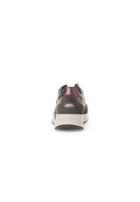 Gray suede sneaker with a textured pink metallic accent at the heel, a beige sole, and a logo detail at the back.