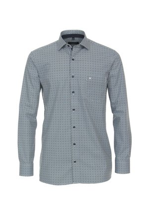 Herren Langarmhemd mit klassischem Kragen und kleinem schwarz-weißem geometrischem Muster.