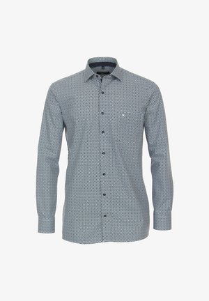 Herren Langarmhemd mit klassischem Kragen und kleinem schwarz-weißem geometrischem Muster.