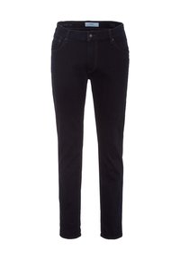 Jeans in denim nero con vestibilità slim, design a cinque tasche e cuciture a contrasto. Presentano una vita standard e un taglio dritto.