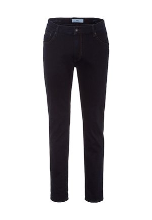 Zwarte denim jeans met een slim fit, vijf zakken ontwerp en contrasterende stiksels. Heeft een standaard tailleband en een rechte pijp.