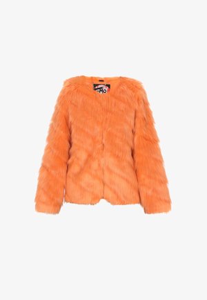 Orange faux fur jacket with long sleeves, v-neck, and plush texture. Features a button closure and a bright, vibrant hue.