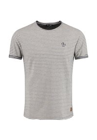 T-shirt à rayures à manches courtes en gris et bleu marine, avec un col rond et un petit logo sur la poitrine. Tissu doux avec une texture subtile.