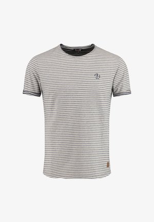 Gestreept T-shirt met korte mouwen in grijs en marineblauw, met een ronde halslijn en een klein logo op de borst. Zachte stof met subtiele textuur.