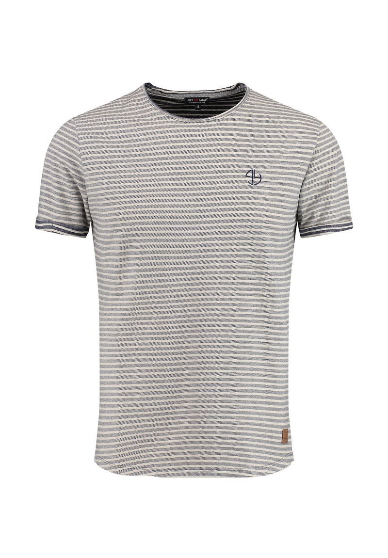 T-shirt à rayures à manches courtes en gris et bleu marine, avec un col rond et un petit logo sur la poitrine. Tissu doux avec une texture subtile.