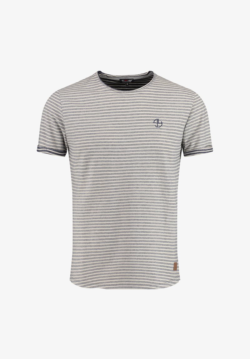 Camiseta de manga corta a rayas en gris y azul marino, con un cuello redondeado y un pequeño logo en el pecho. Tejido suave con una sutil textura.