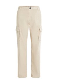 Beige cargo-housut, jotka on valmistettu teksturoidusta kankaasta, sivutaskuilla, napp closurella ja suoralinjaisella muotoilulla.