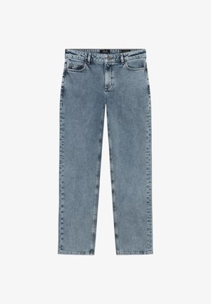 Hellblaue Denim-Jeans mit geradem Bein, fünf Taschen, dezenten Falten und einem Standardbund mit Knopfverschluss.