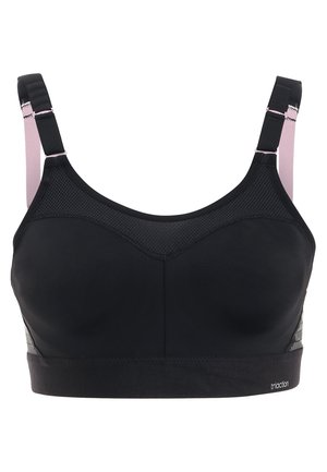Black sports bra featuring molded cups and mesh panels. Adjustable straps in pink. Soft, stretchy fabric with a smooth finish and logo accent.