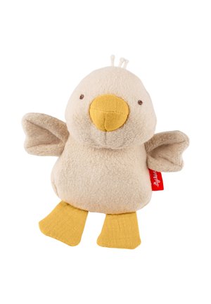Soft beige plush duck toy with yellow beak and feet, small brown eyes, and a red fabric tag on its side.