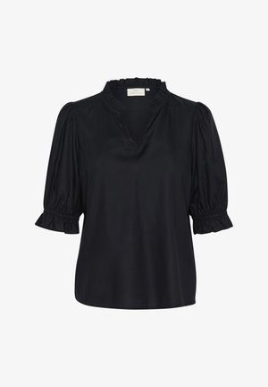 Schwarze Bluse aus glattem Stoff mit V-Ausschnitt, kurzen Puffärmeln und gerüschten Bündchen. Einfaches Design, ohne sichtbare Muster oder Verzierungen.