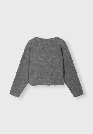 Maglione grigio corto realizzato in materiale morbido. Presenta maniche lunghe, scollo rotondo e una finitura testurizzata. Nessun gancio visibile.