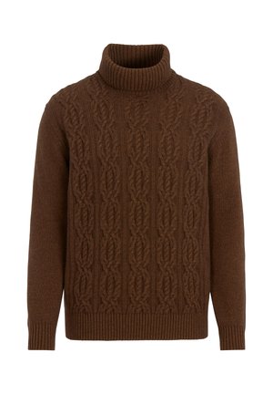 Brunstickad polotröja med en texturerad kabelmönster, ribbad krage, ärmar och nederkant, med en avslappnad passform och klassisk design.